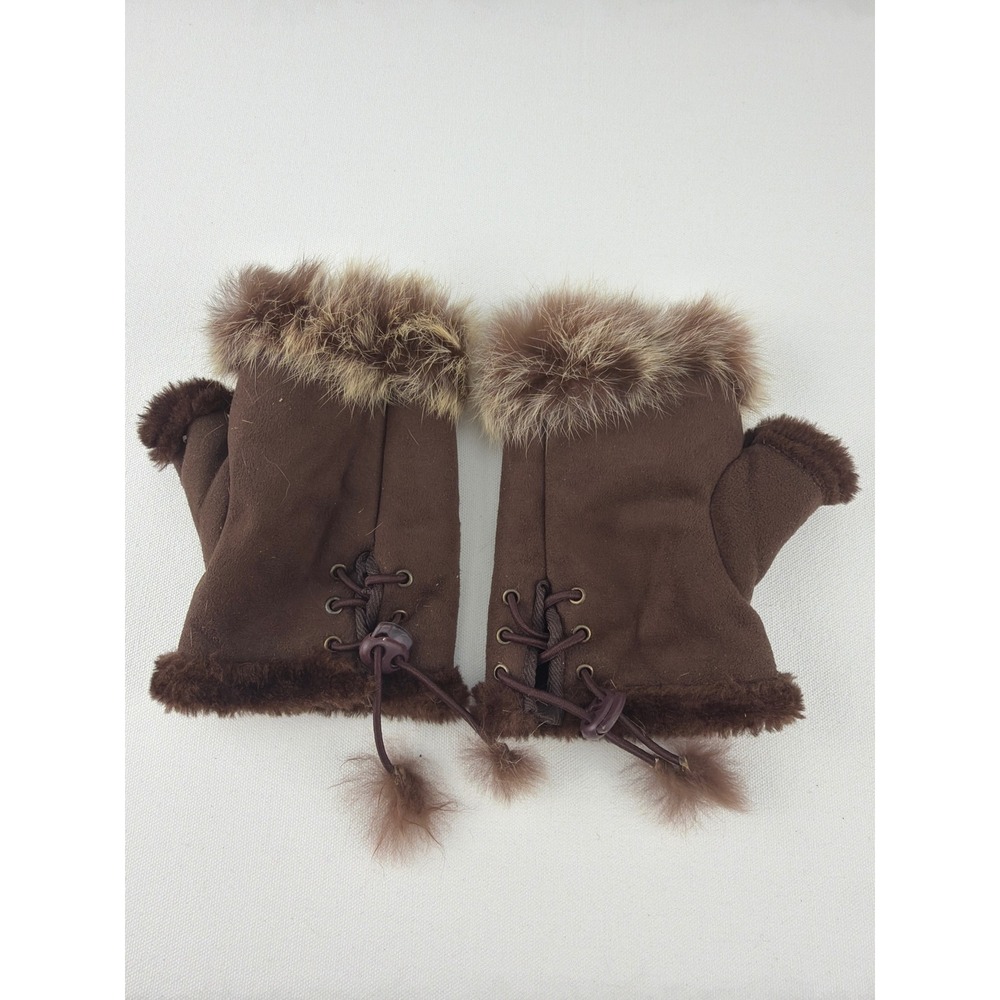 Fingerless Gloves Womens OS Brown Real Fur Trim Microsuede Y2K Boho
